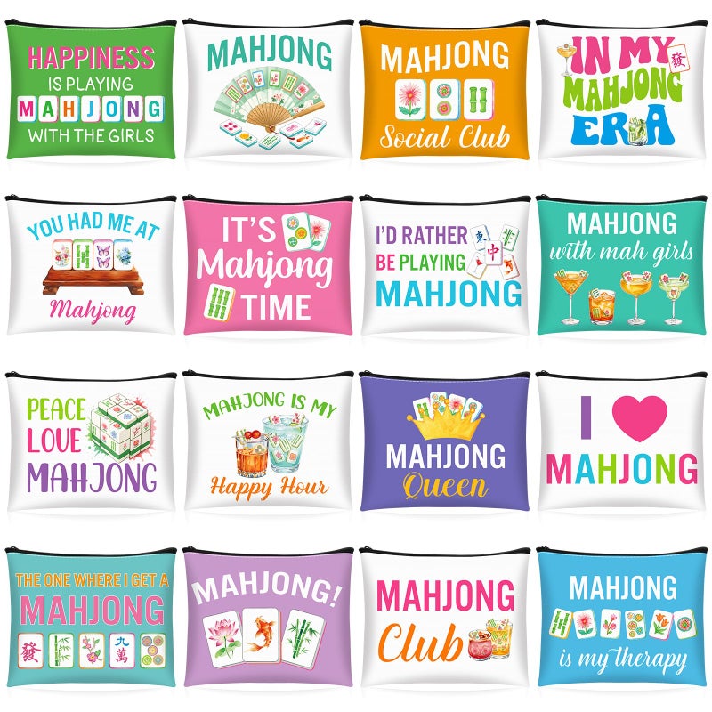SilTriangle 16 Pcs Mahjong Cosmetic Bag Gifts for Women Mahjong Makeup Bag Mah Jong Zippered Pouch for Lover Player Mothers Birthday Party Lucky Mah Jong Gift Coquette Accessories (Styles 2) - Image 1
