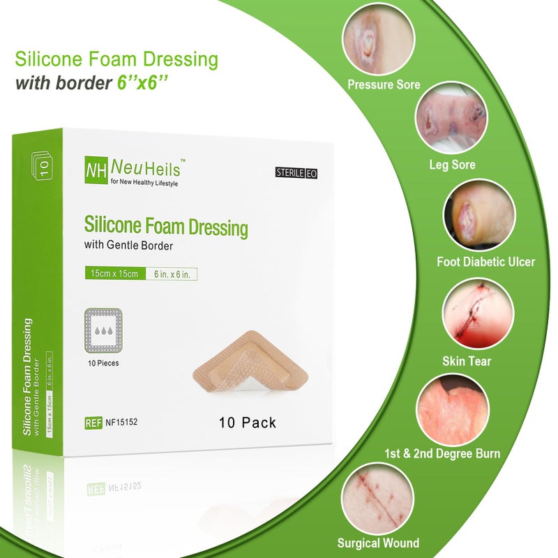 NEUHEILS Silicone Adhesive Foam Dressing with Gentle Border 6''x6'', 10 Packs for Bed Sore Leg Ulcer, High Absorbency Waterproof Silicone Wound Bandages by NeuHeils - Image 2