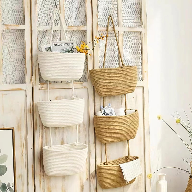 AARAINBOW Wall Hanging Cotton Baskets, Large 3 Tier Decorative Basket for Wall, Nursery, Bathroom, Boho Organizing (B-White) - Image 5