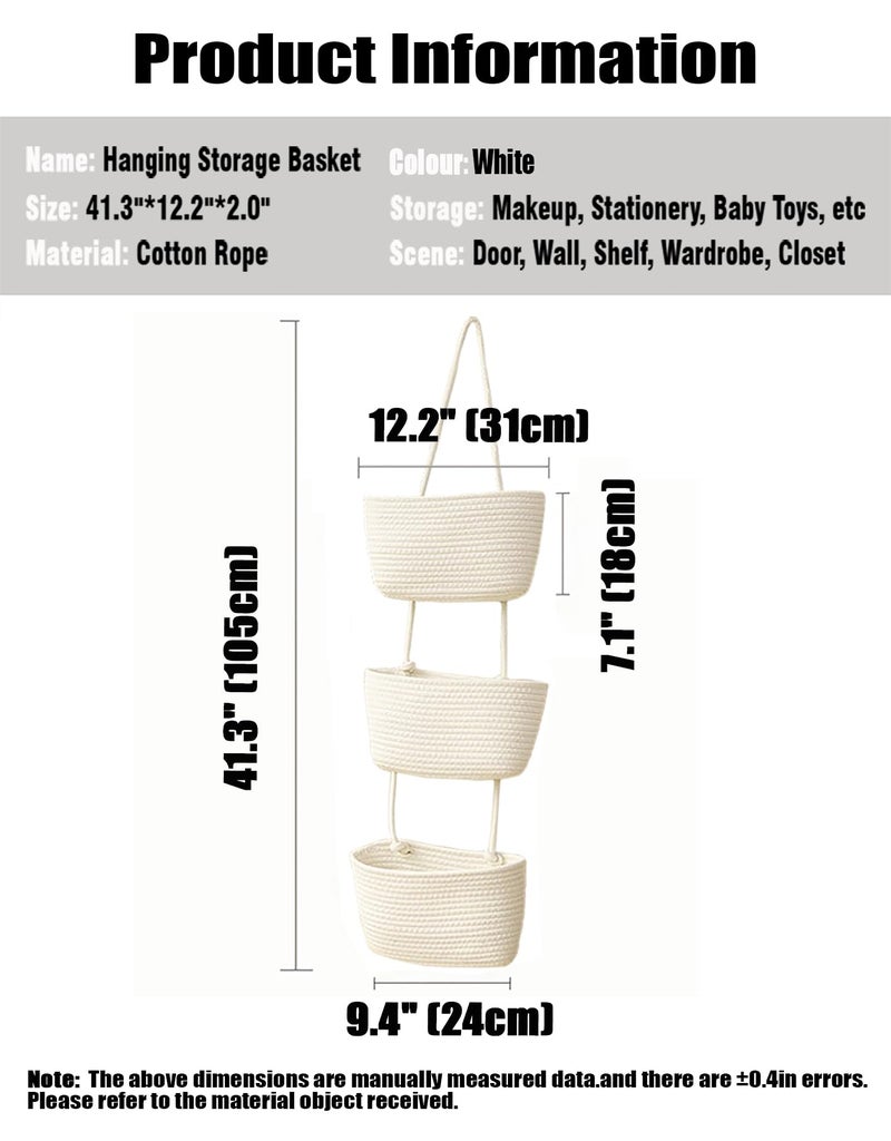 AARAINBOW Wall Hanging Cotton Baskets, Large 3 Tier Decorative Basket for Wall, Nursery, Bathroom, Boho Organizing (B-White) - Image 2