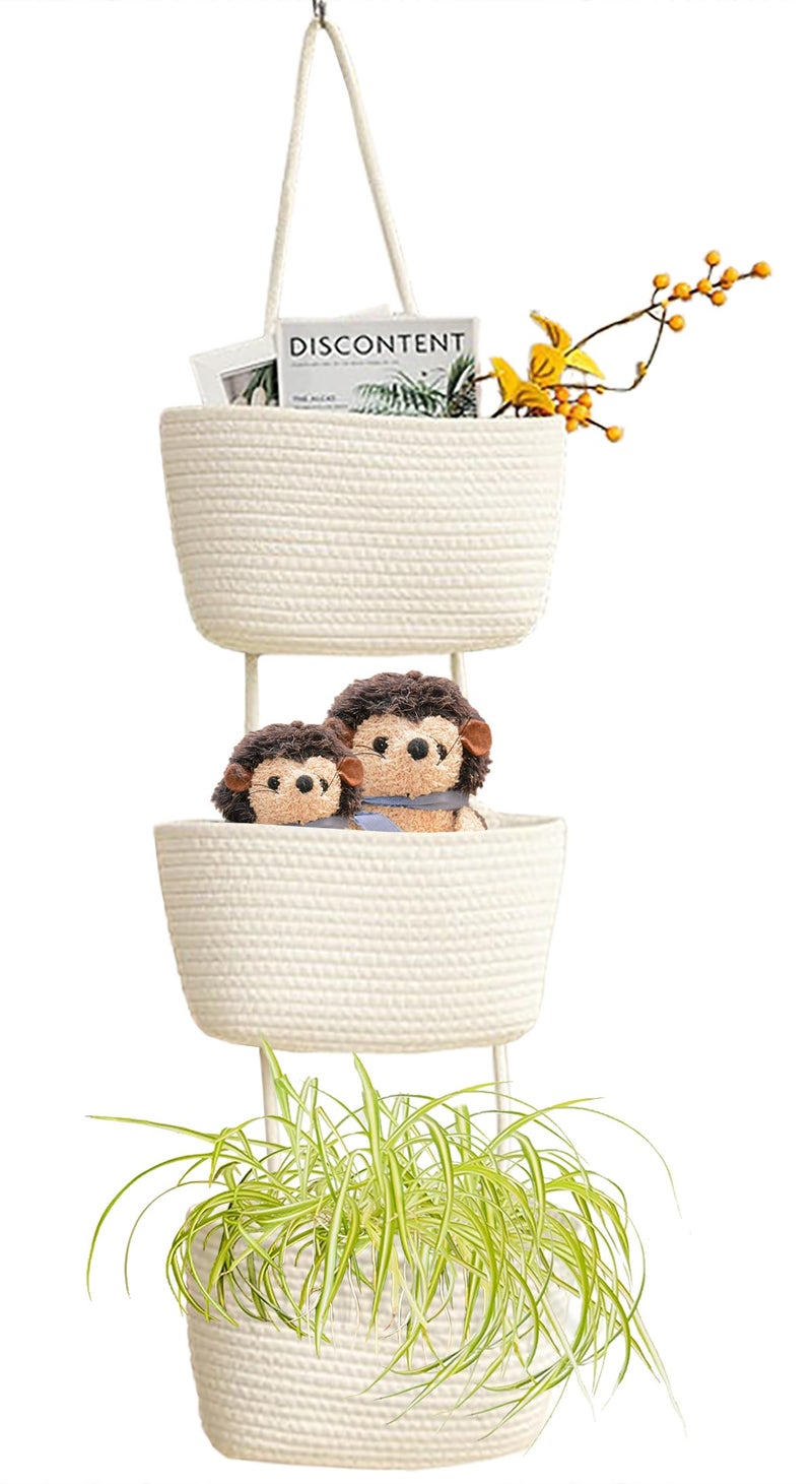 AARAINBOW Wall Hanging Cotton Baskets, Large 3 Tier Decorative Basket for Wall, Nursery, Bathroom, Boho Organizing (B-White) - Image 1