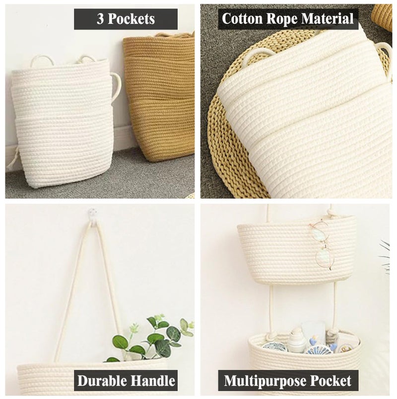 AARAINBOW Wall Hanging Cotton Baskets, Large 3 Tier Decorative Basket for Wall, Nursery, Bathroom, Boho Organizing (B-White) - Image 3