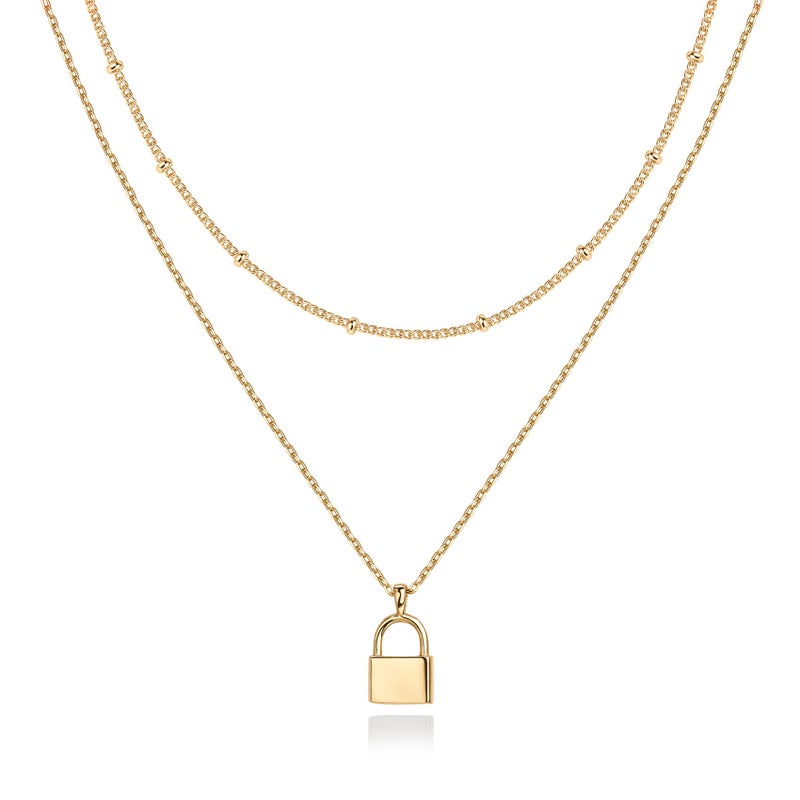 PAVOI 14K Gold Plated Layered Lock Pendant Necklace | Layering Necklaces for Women | Dainty Minimalist Design Pendant (Lock, Yellow Plated) - Image 1