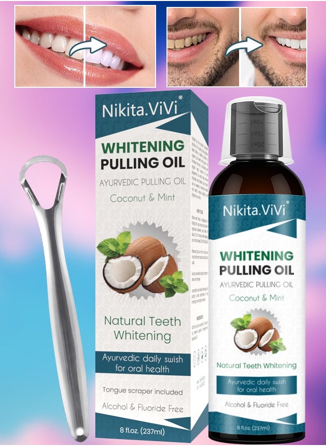 NIKITA.VIVI Whitening Pulling Oil 237ml Coconut Oil Pulling Mouthwash with Coconut and Peppermint Oil Ayurvedic Mouthwash for Fresh Breath Teeth Whitening Mint Pulling Mouthwash Natural Essential Oil Mouthwash with Tongue Scraper  - Image 1