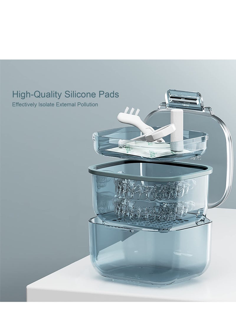Leak Proof Denture Case, Retainer Case Orthodontic Denture Cup with Strainer, with Drain Tray, for Dentures, Partial Dentures, Traditional Braces, Etc