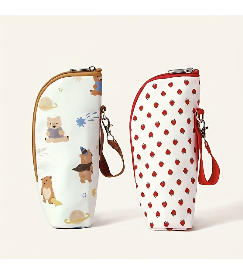 Black Embroidered Bear Quilted Insulated Bottle Organizer Bag For Maternity Use Stroller Hanging - Image 1
