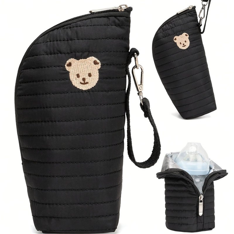 Black Embroidered Bear Quilted Insulated Bottle Organizer Bag For Maternity Use Stroller Hanging - Image 2