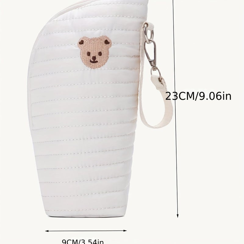 Black Embroidered Bear Quilted Insulated Bottle Organizer Bag For Maternity Use Stroller Hanging - Image 3