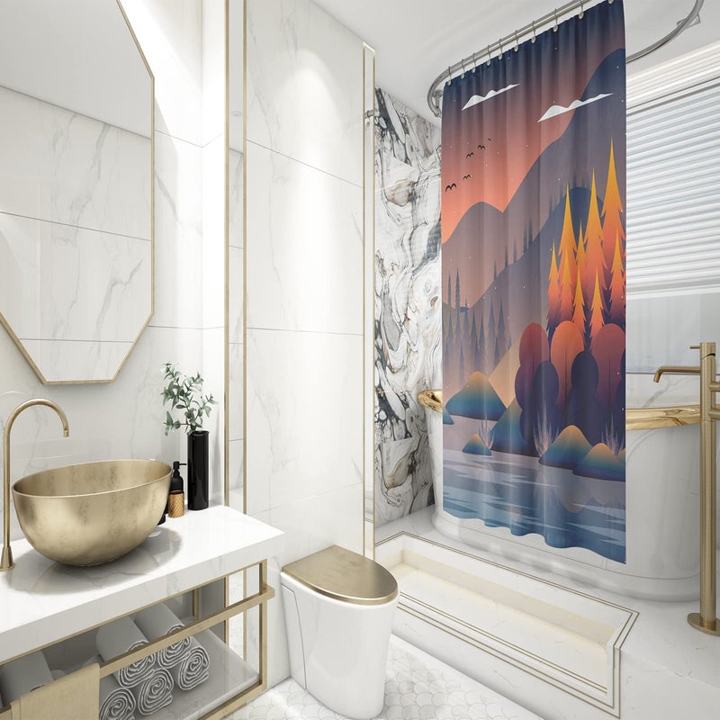 FING ستارة دش الحمام، ستارة حمام مع خطاف، ستارة دش مصممة للحمام، حوض الاستحمام، زينة ستائر حمام زخرفية حديثة (تصميم_22) - Image 3