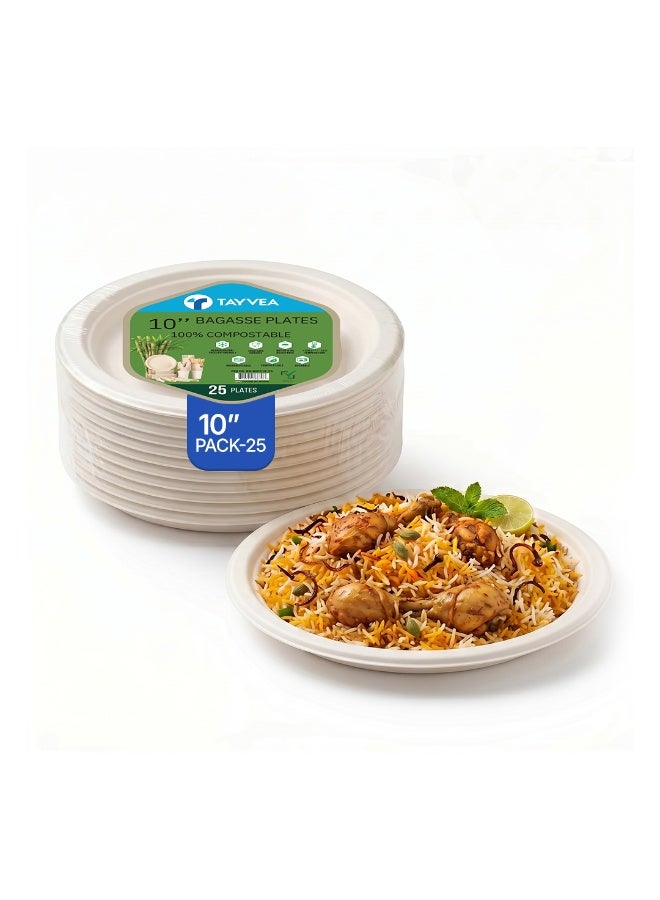 Tayvea 10" Bagasse Plates | 100% Compostable Sugarcane Plates | Microwaveable, Ovenable & Freezer Safe | Food-Grade Eco Disposable Plates | Pack of 25 - Image 1