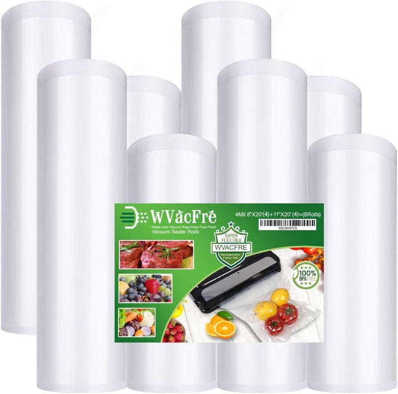 WVacFre 8 عبوات من لفائف أكياس الختم الفراغي مقاس 8x20 قدم (4 لفات) و11x20 قدم (4 لفات) بدرجة تجارية، خالية من مادة BPA، شديدة التحمل، مثالية لتخزين الطعام بالتفريغ أو الطهي بالسوس فيد - Image 1