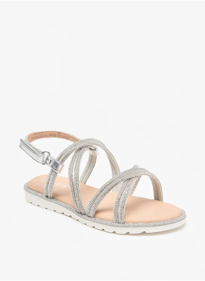 جونيورز Girls Embellished Cross Strap Sandals with Hook and Loop Closure