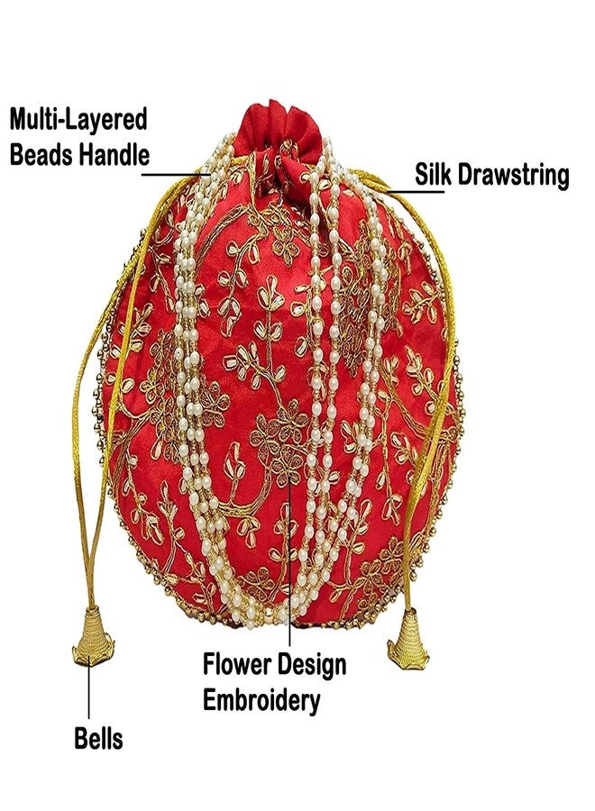 ATHZ 4 Pcs Red Potli bags for women handbags traditional Indian Wristlet with Drawstring Ethnic Embroidery Potli Hand bags - Image 3