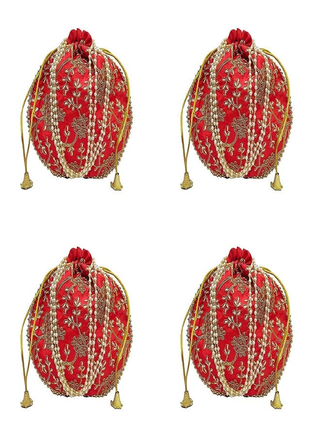 ATHZ 4 Pcs Red Potli bags for women handbags traditional Indian Wristlet with Drawstring Ethnic Embroidery Potli Hand bags - Image 1