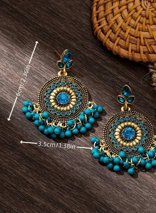 خناقات جهمكا عرقية مطلحة بالذهب للنساء، خناقات فخمة بأحجار وأسداف أزرق تيال، مثالية للزفاف وأعياد دیوالى في الشرق الأوسط - Image 2