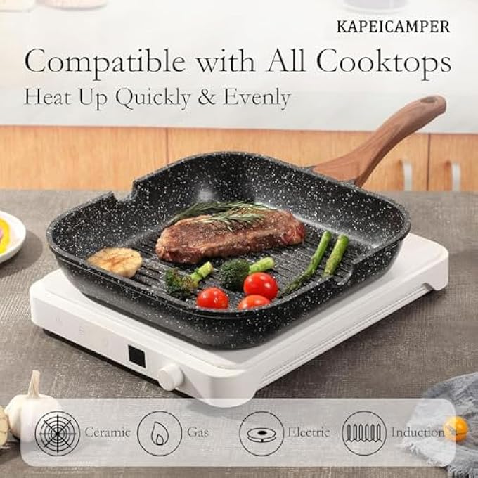 KAPEICamper مقلاة طهي حثية غير لاصقة، مقلاة شواء غير لاصقة مع طلاء جرانيت، مقبض من الخشب الصلب، مقلاة حثية لشرائح اللحم المقدد، مقلاة للغاز 95، مقلاة 24 سم - Image 4