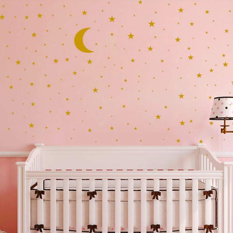Moon and Stars Wall Decal Vinyl Sticker Removable Children Kids Art DIY Sticker Mural for Boy Girls Baby Room Decoration Good Night Nursery Wall Decor Home House Bedroom Design Golden