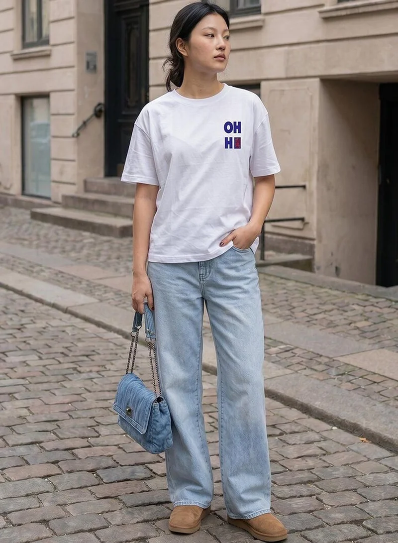 دينيس لينغو Women White 100% Cotton Printed Regular Fit T-Shirt
