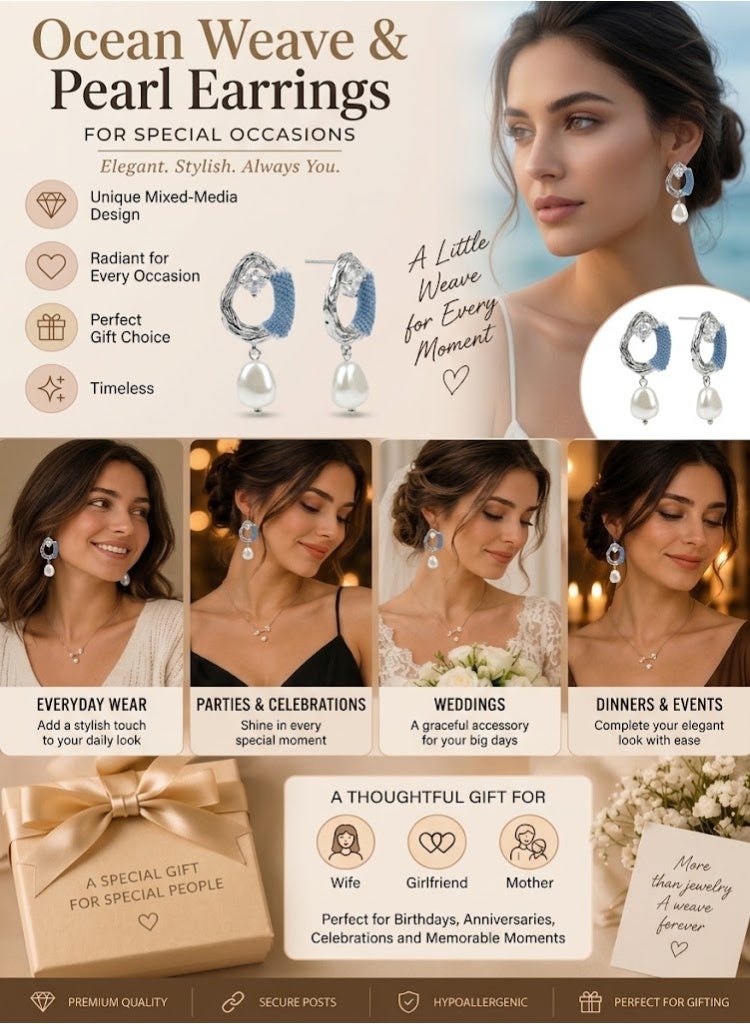 R.C.E Accessories RCE Accessories Denim Pearl Drop Earrings for Women – Silver Tone Statement Dangle Earrings, Stylish Fashion Jewelry - Image 4