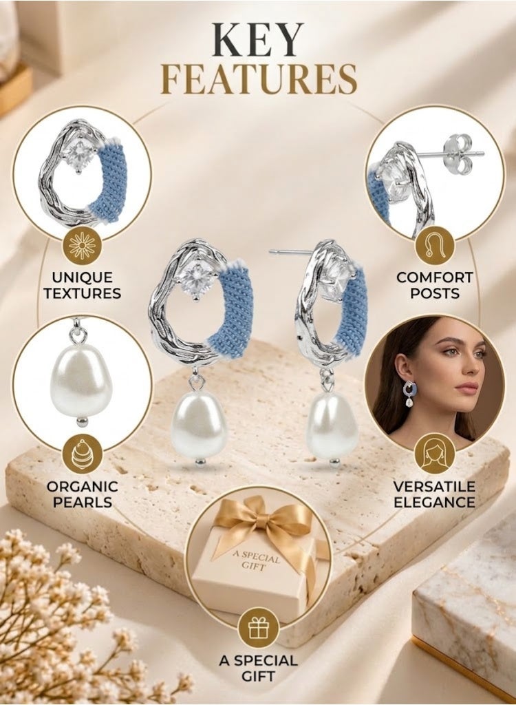 R.C.E Accessories RCE Accessories Denim Pearl Drop Earrings for Women – Silver Tone Statement Dangle Earrings, Stylish Fashion Jewelry - Image 3