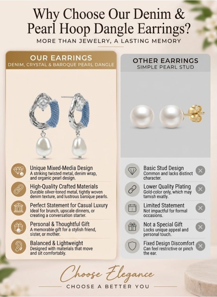 R.C.E Accessories RCE Accessories Denim Pearl Drop Earrings for Women – Silver Tone Statement Dangle Earrings, Stylish Fashion Jewelry - Image 5