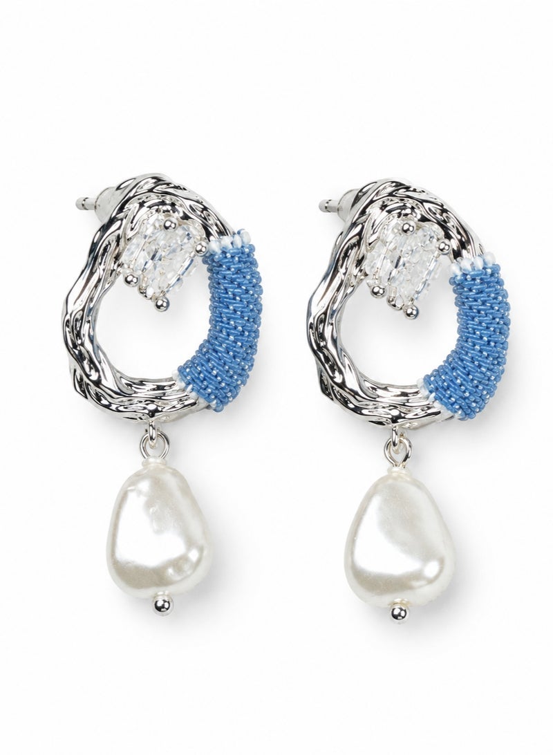 R.C.E Accessories RCE Accessories Denim Pearl Drop Earrings for Women – Silver Tone Statement Dangle Earrings, Stylish Fashion Jewelry - Image 1