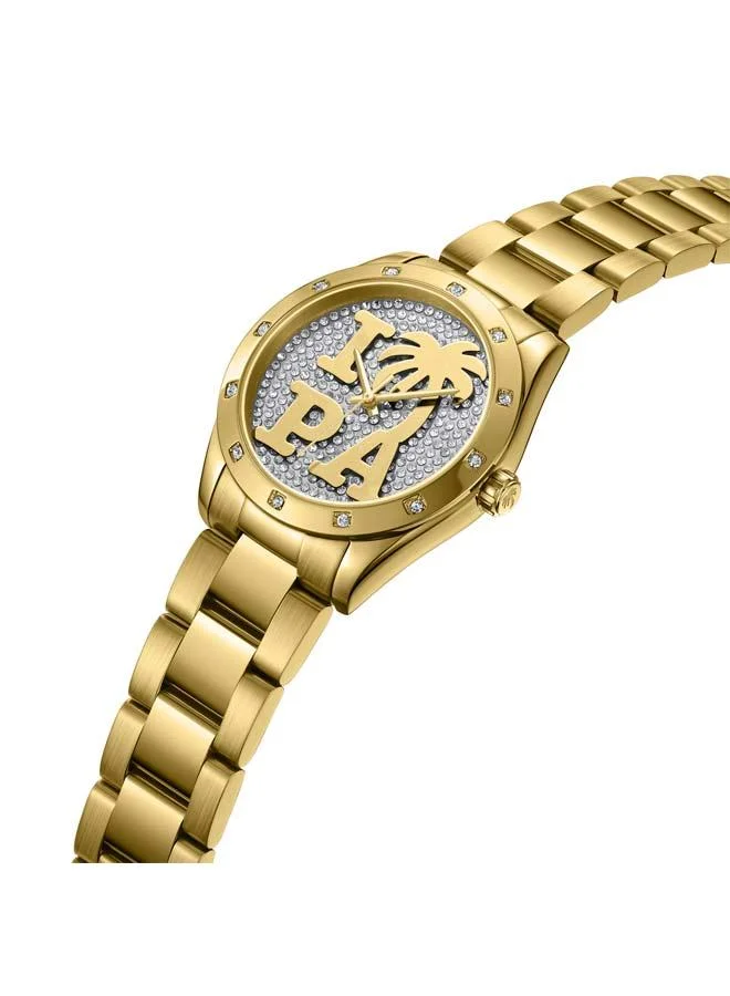 Palm Angels Strada White Pave Crystal Dial Gold Stainless Steel Bracelet Analog Watch for Women, 34mm