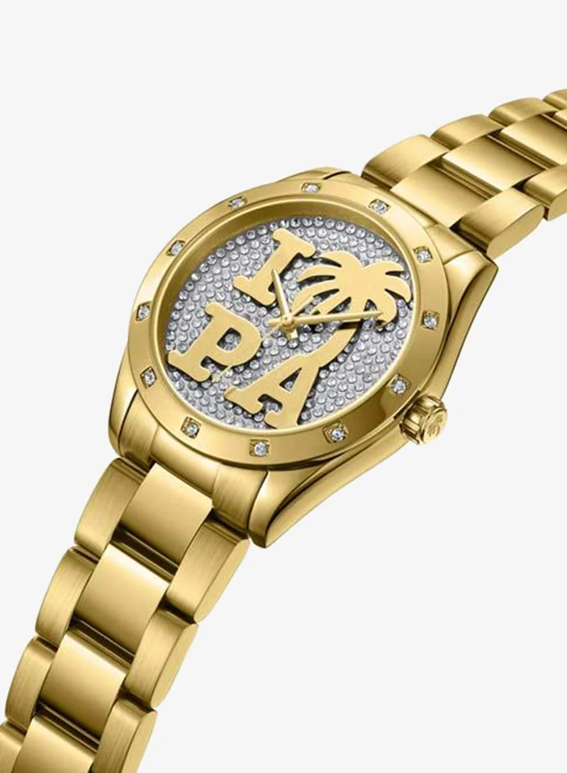 Palm Angels Strada White Pave Crystal Dial Gold Stainless Steel Bracelet Analog Watch for Women, 34mm