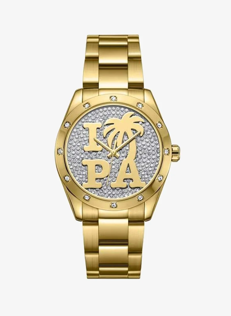 Palm Angels Strada White Pave Crystal Dial Gold Stainless Steel Bracelet Analog Watch for Women, 34mm