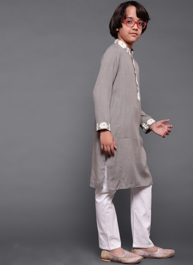 AKS Grey Geometric Embroidered Kurta for Boys - Image 3