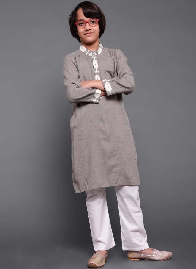 AKS Grey Geometric Embroidered Kurta for Boys - Image 1