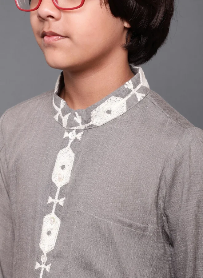 AKS Grey Geometric Embroidered Kurta for Boys