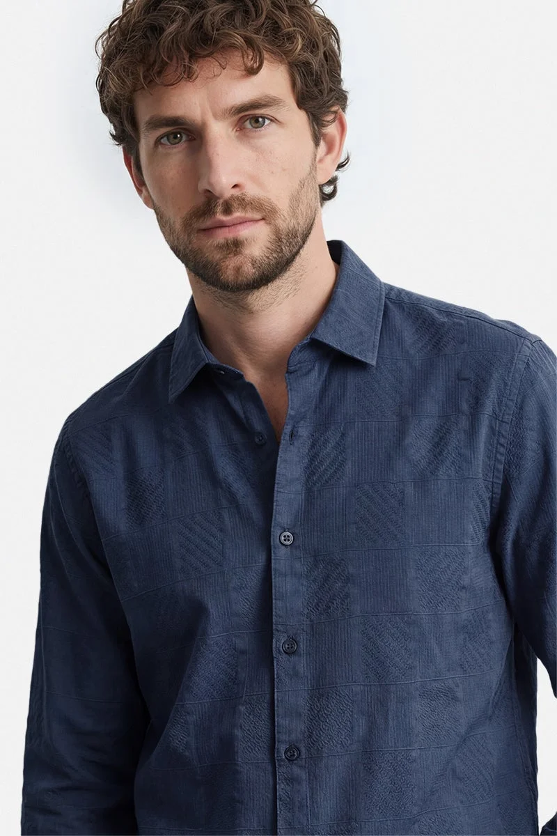 سنيتش Navy Blue Textured Long Sleeve Regular Fit Casual Shirt