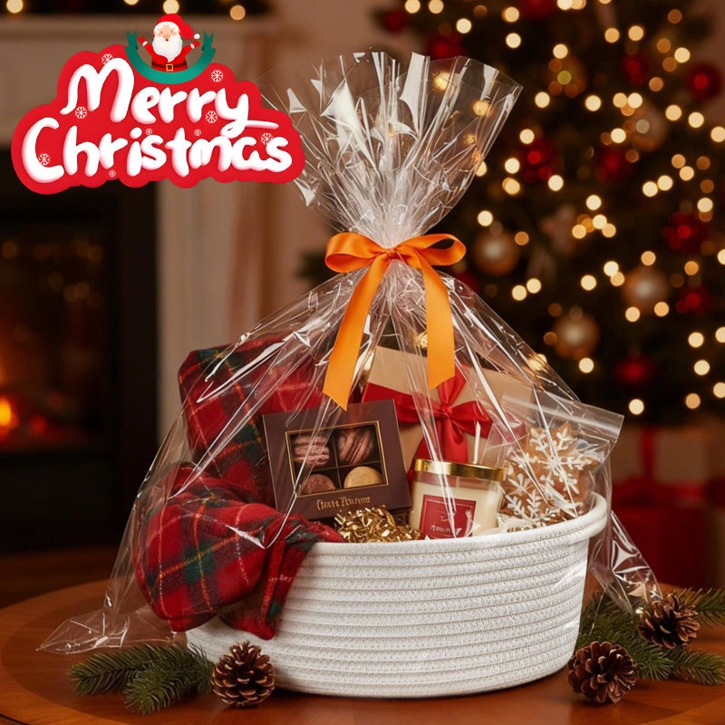 Pro Goleem Small Woven Burr Basket with Gift Bags and Ribbons Durable Baskets for Christmas Gifts Empty Small Rope Basket for Storage 12"X 8" X 5" Baby Toy Baskets with Handles, White - Image 2