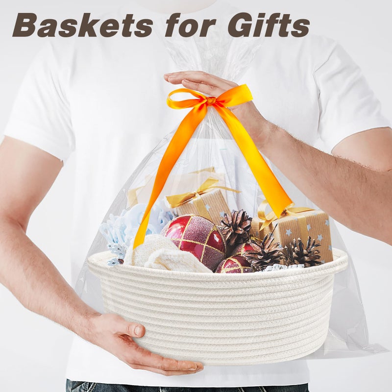 Pro Goleem Small Woven Burr Basket with Gift Bags and Ribbons Durable Baskets for Christmas Gifts Empty Small Rope Basket for Storage 12"X 8" X 5" Baby Toy Baskets with Handles, White - Image 3