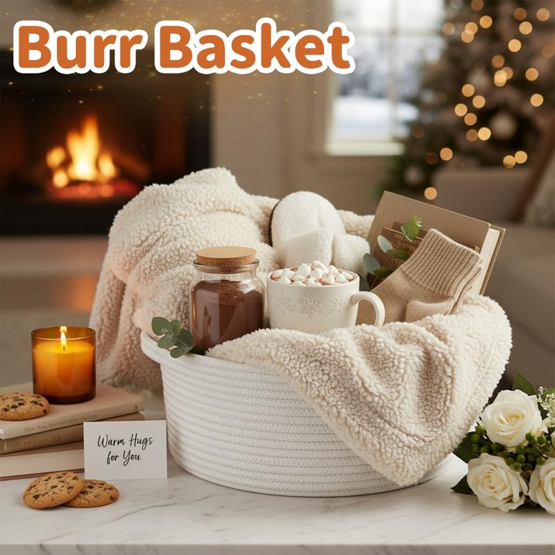 Pro Goleem Small Woven Burr Basket with Gift Bags and Ribbons Durable Baskets for Christmas Gifts Empty Small Rope Basket for Storage 12"X 8" X 5" Baby Toy Baskets with Handles, White - Image 4