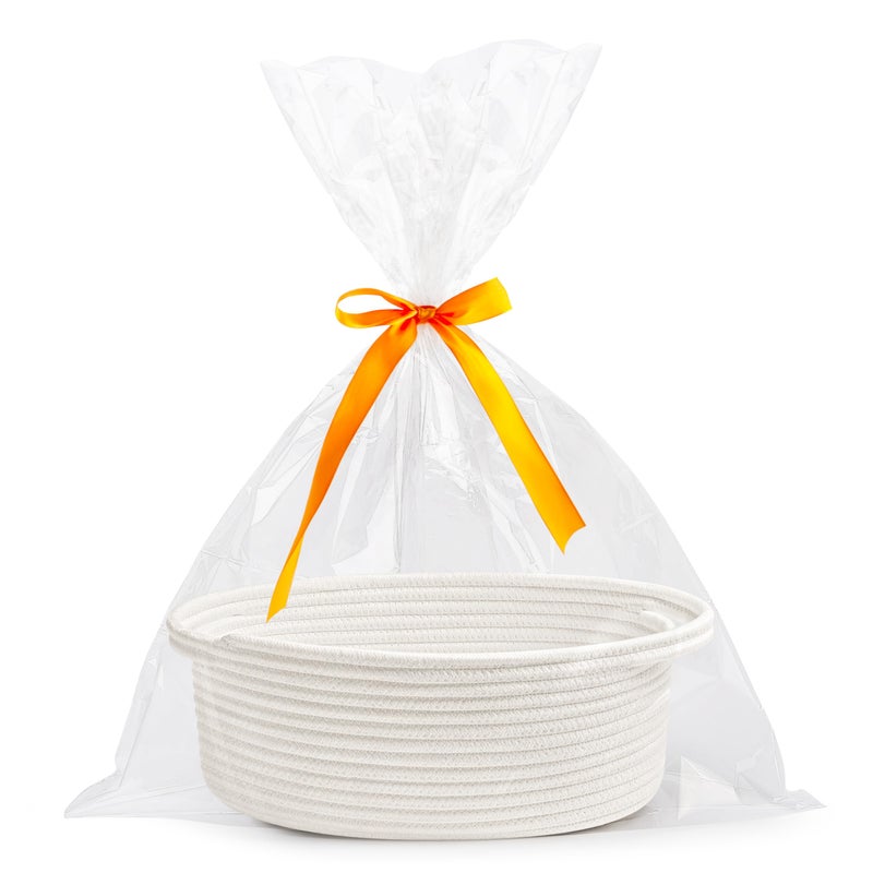 Pro Goleem Small Woven Burr Basket with Gift Bags and Ribbons Durable Baskets for Christmas Gifts Empty Small Rope Basket for Storage 12"X 8" X 5" Baby Toy Baskets with Handles, White - Image 1