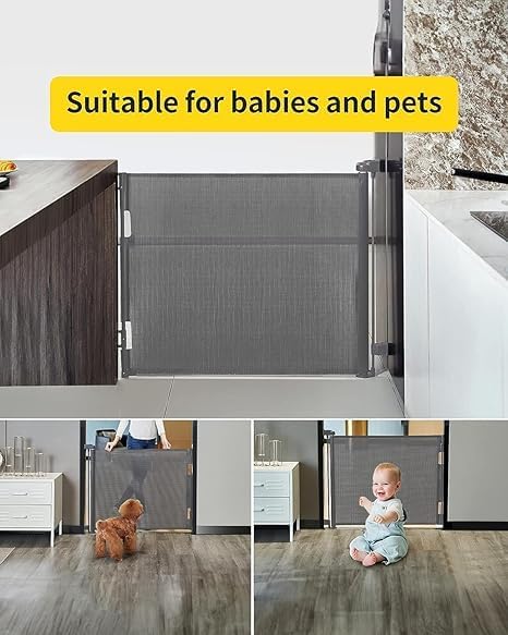 MBUYS MALL Retractable Baby Gate, Extra Wide Safety Kids or Pets Gate,Tall Extends Wide, Mesh Safety Dog Gate for Stairs, Indoor, Outdoor, Doorways, Hallways (Grey, 33"x55") - Image 5