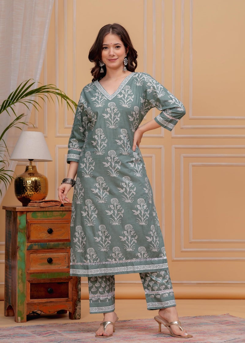 MEERA FAB Women's Cotton Blend Straight Floral Printed Kurta With Palazzo & Dupatta (Multicolor),Medium - Image 5