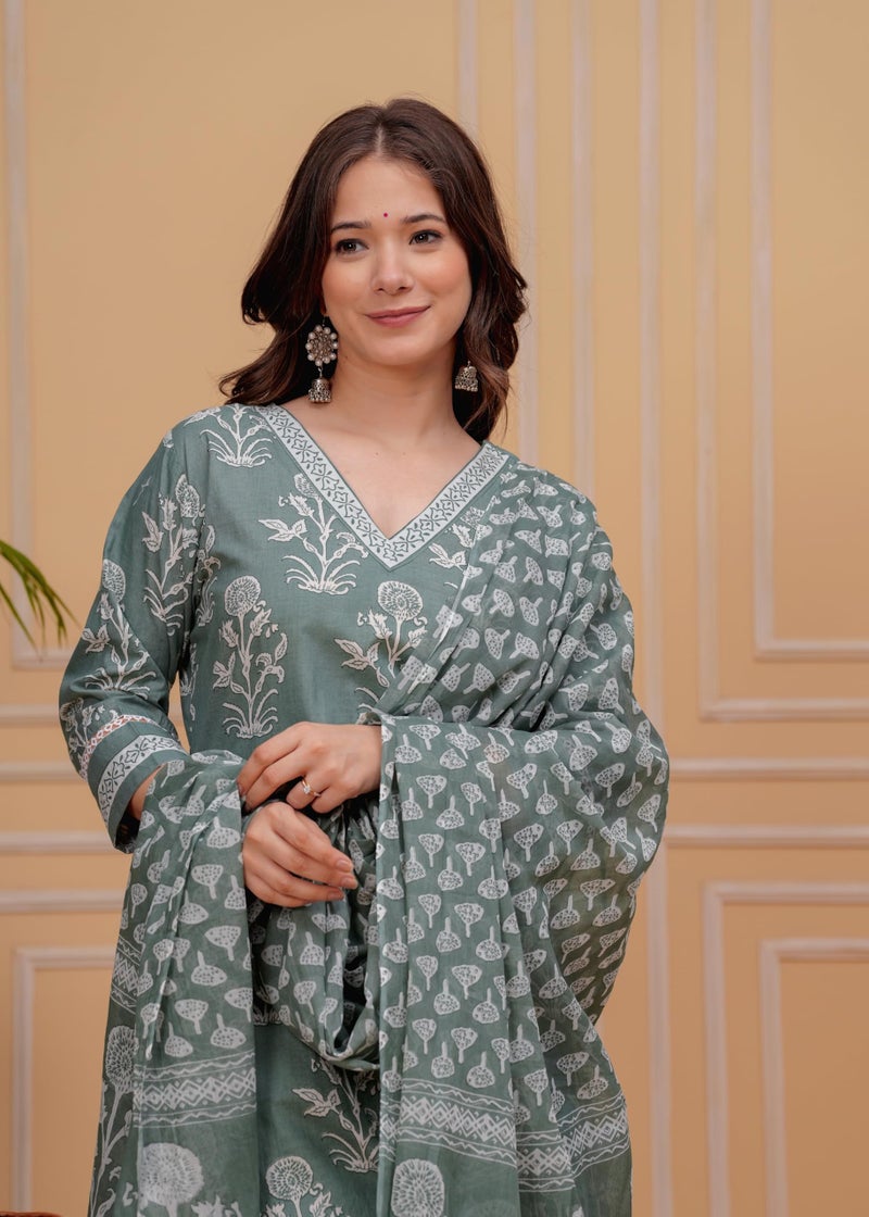 MEERA FAB Women's Cotton Blend Straight Floral Printed Kurta With Palazzo & Dupatta (Multicolor),Medium - Image 4