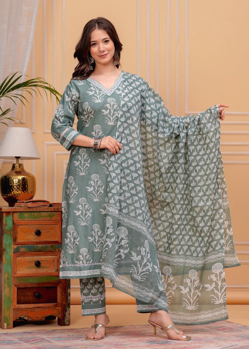 MEERA FAB Women's Cotton Blend Straight Floral Printed Kurta With Palazzo & Dupatta (Multicolor),Medium - Image 2