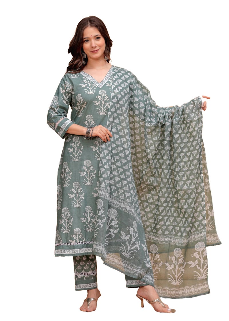 MEERA FAB Women's Cotton Blend Straight Floral Printed Kurta With Palazzo & Dupatta (Multicolor),Medium - Image 1