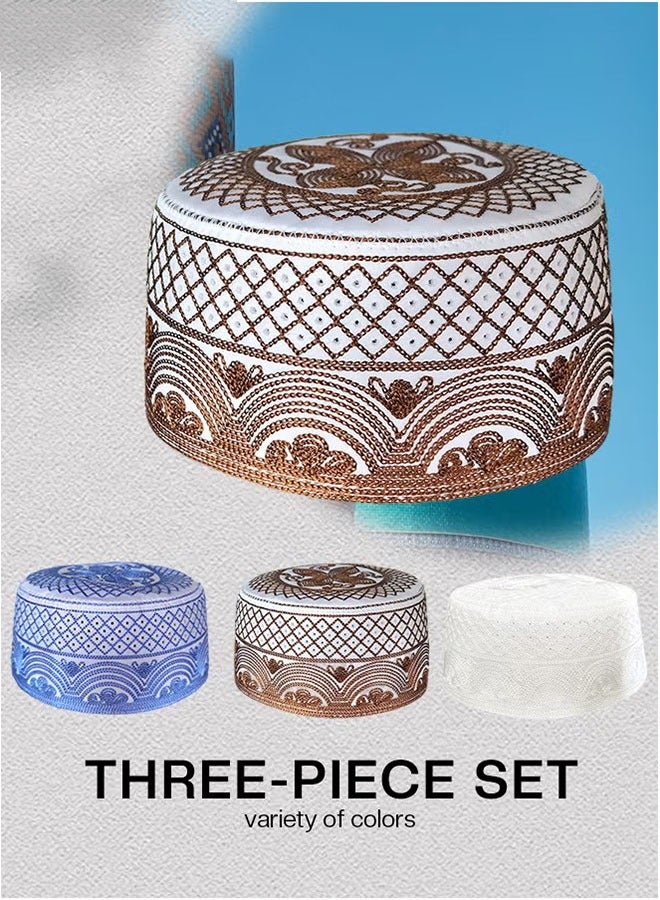 Three Piece Muslim Prayer Kufi Hats for Men Islamic Beanie Caps Embroidered Foldable Sun Protection Ramadan Eid Gift Sizes 56 to 58 Centimeters Blue White and Dark Brown - Image 5