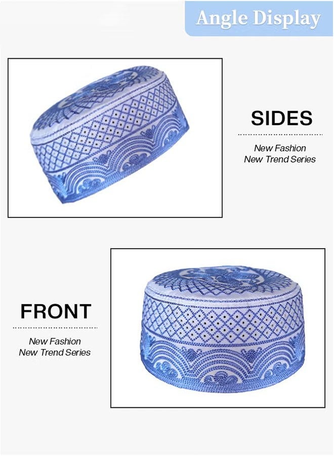 Three Piece Muslim Prayer Kufi Hats for Men Islamic Beanie Caps Embroidered Foldable Sun Protection Ramadan Eid Gift Sizes 56 to 58 Centimeters Blue White and Dark Brown - Image 2