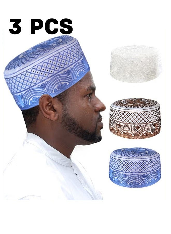 Three Piece Muslim Prayer Kufi Hats for Men Islamic Beanie Caps Embroidered Foldable Sun Protection Ramadan Eid Gift Sizes 56 to 58 Centimeters Blue White and Dark Brown - Image 1