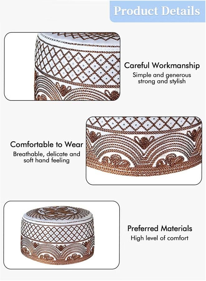 Three Piece Muslim Prayer Kufi Hats for Men Islamic Beanie Caps Embroidered Foldable Sun Protection Ramadan Eid Gift Sizes 56 to 58 Centimeters Blue White and Dark Brown - Image 3