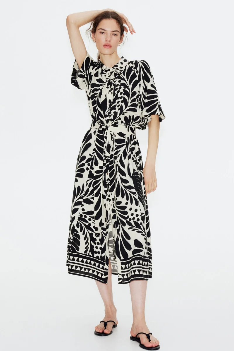 اتش اند ام فستان بتصميم قميص مع حزام بعقدة