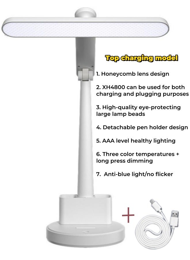 XiuWoo Foldable Rotating LED Eye Protection Desk Lamp XH4800 Rechargeable Plug-in Universal Desk Lamp Bedside Lamp Reading Lamp with Pen Holder, USB - Image 1
