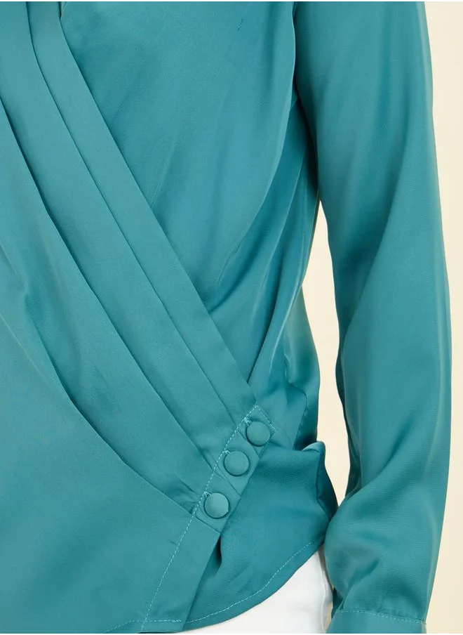 ستايلي Pleated V Neck Button Closure Wrap Top