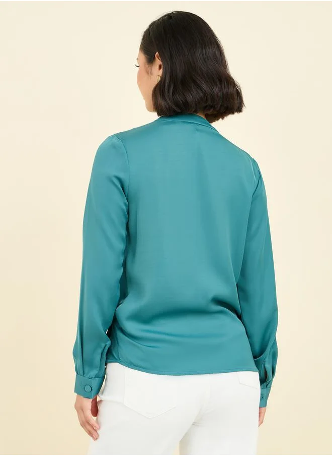 ستايلي Pleated V Neck Button Closure Wrap Top